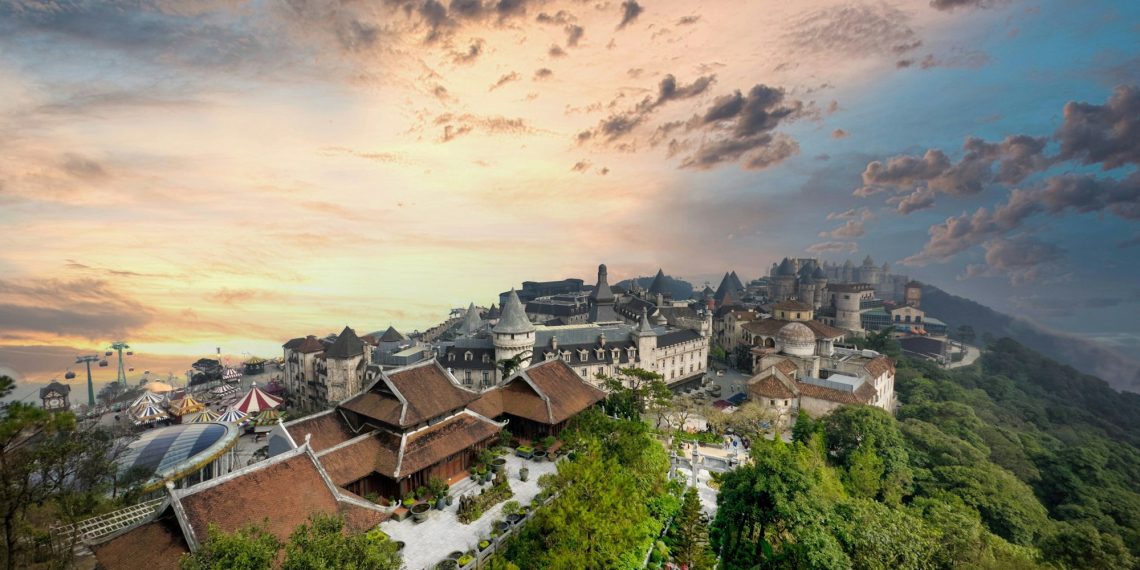 Top 25 Must-See Destinations in Da Nang for an Exciting Adventure 1 Aerial view of the French Village at Ba Na Hills Mountain Resort. Da Nang, Vietnam.