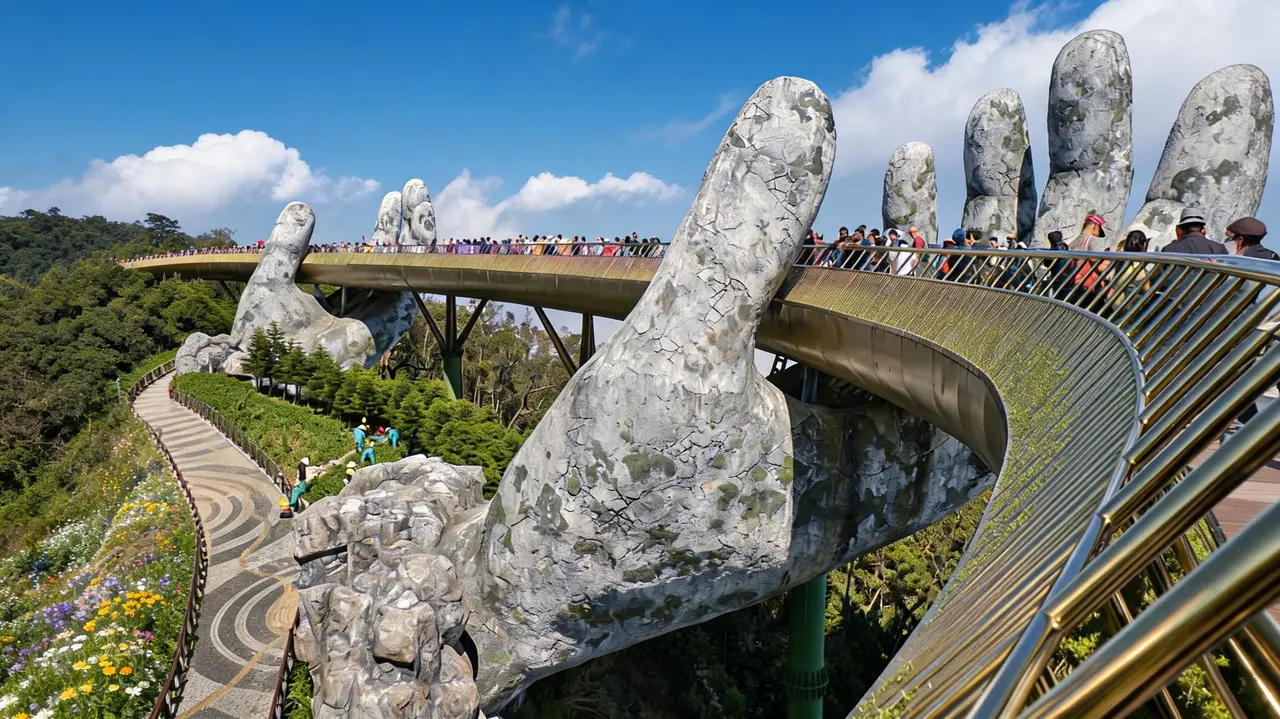 Golden Bridge Ba Na Hills Vietnam held by giant stone hands emerging from mountainside with clear blue sky